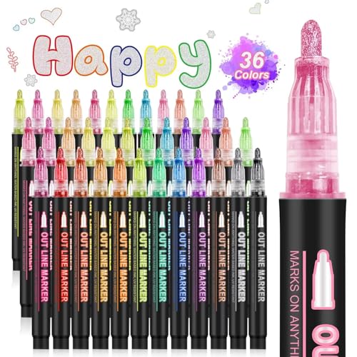 ATDOALL Super Squiggles Shimmer 36 Color Self-Outline Metallic Markers - Kid Drawing, Birthday Greeting Card, DIY Art Crafts