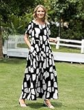 YESNO Women Casual Loose Bohemian Floral Dress with Pockets Short Sleeve Long Maxi Summer Beach Swing Dress L EJF CR162 Black/White