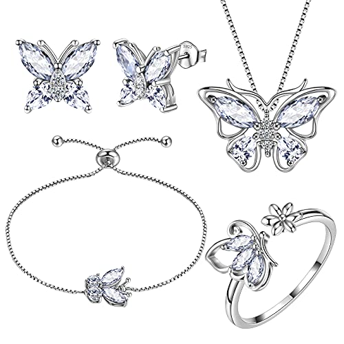 Aurora Tears Butterfly Jewelry Set,925 Sterling Silver Butterflies Birthstone Pendant Necklace/Earrings/Rings/Bracelets for Wedding Gift