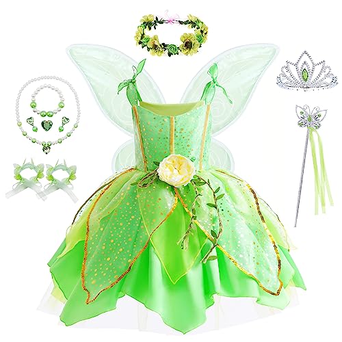 Flowers Fairy Costume Princess Dress Up Set for Girls Tinker Bell Toddler Clothes Halloween Cosplay Costume with Wing, Green (3T)