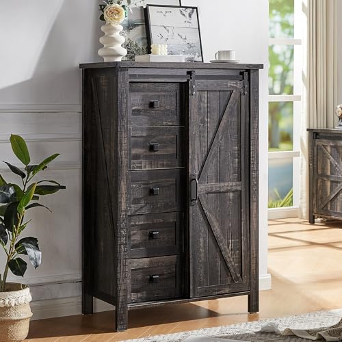 AMERLIFE 31.5'' Farmhouse Dresser with Sliding Barn Doors, 48" Rustic 5 Drawer Tall Dresser, Storage Organizer for Bedroom, Entryway, Black Oak