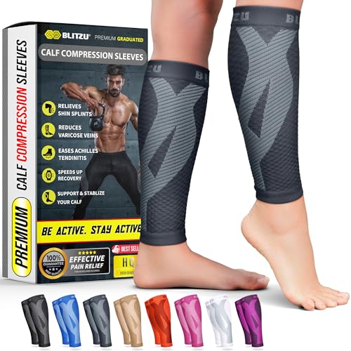 BLITZU Calf Compression Sleeve for Women and Men, Shin Splint Sleeves for Varicose Veins, Nursing, Pregnancy, Running, Footless Compression Socks Support for Calf Muscle Pain Relief Grey XXL