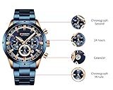 CURREN Mens Watch Sport Quartz Chronograph Wristwatches with Luminous Hands Fashion Stainless Steel Clock Date (Rose Gold Blue)