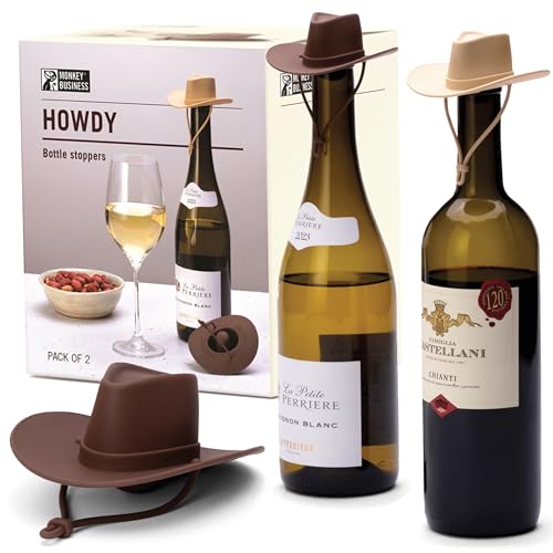 Monkey Business Howdy - 2-Pack Cowboy Hat Wine Stoppers – Fun Silicone Bottle Stoppers Keep Wine Fresh – Novelty Kitchen Gadgets & Cute Wine Accessories