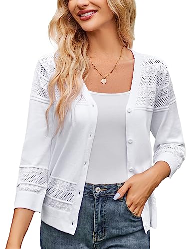 GRACE KARIN Women's Cropped Cardigan 3/4 Sleeve Lightweight Crochet Shrug Hollowed-Out Knit Sweater Tops Bright White L