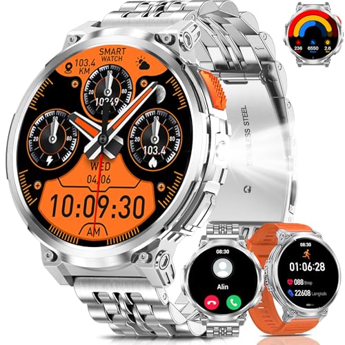 PODOEIL Military Smart Watches for Men with Bluetooth Call, 1.85" HD Screen Waterproof smartwatch with Flashlight, 114 Sport Modes, 730mAh Heart Rate/SpO2/Sleep Monitor Fitness Tracker for iOS Android