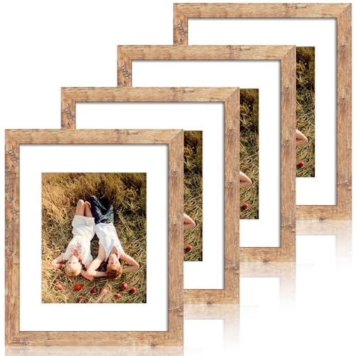 iRahmen 11x14 Picture Frame Set of 4 with Tempered Glass, Rustic Brown Frame Display 8x10 Pictures with Mat or 11 x 14 Without Mat, Wooden Photo Frames for Wall Mounting