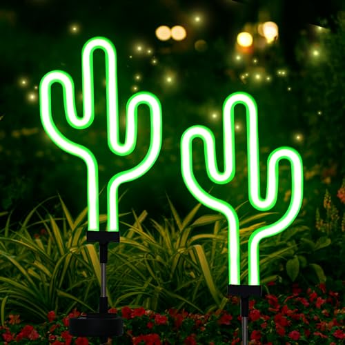 SunKite Cactus Solar Garden Stake Lights - Outdoor Waterproof Neon Lights for Garden, Yard, Lawn, Pathway, Patio, Backyard (2 Pack)