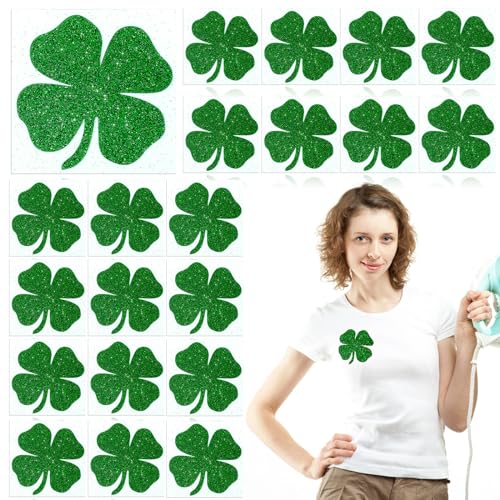 Pushglossy 20 Pcs Four Leaf Iron On St. Patrick's Day Iron on Transfer for Clothing Glitter Irish HTV Clover Shamrock Heat Transfer Decals Vinyl for Hat Bag Pillows DIY Arts Craft Decoration