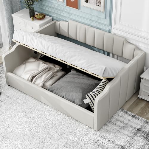 Yardcloth Full Size Daybed with Storage, Modern Upholstered Daybed with Arm and Backrest, Space-Saving Full Daybed Frame for Guest Room Living Room, Easy Assembly, Beige
