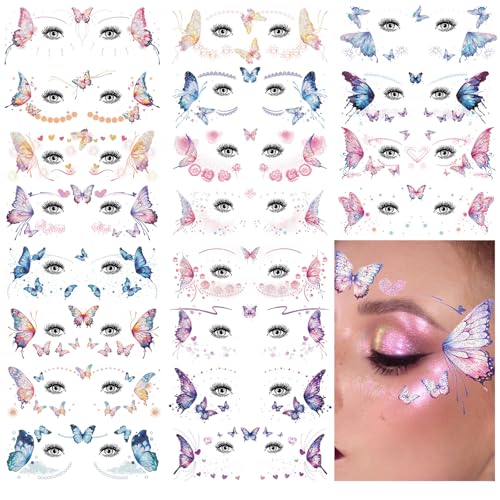 20 Sheets Glitter Fairy Makeup Tattoo Kit, Fairy Face Gems Accessories for Women Butterfly Face Temporary Tattoos Stickers for Eyes Princess Rave Party Favors Gifts