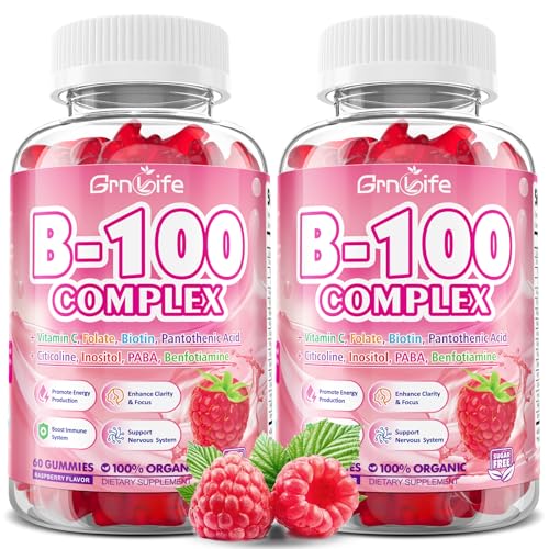 2 Pack Vitamin B Complex Gummies, All B Vitamins + Methyl B12, B1, B2, B3, B5, B6, Biotin, Methylfolate, Vitamin C, Choline, Inositol, PABA for Energy & Immune Support, Raspberry, 120 Count