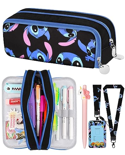 Trendy Fun for Large Pencil Case Big Capacity 3 Compartments Pencil Pouch Cute Cartoon Character Cool Pen Bag with Zipper for Girls Teens Estuche para Lapices Sticker +Pen+ ID Badge Holder+Lanyard