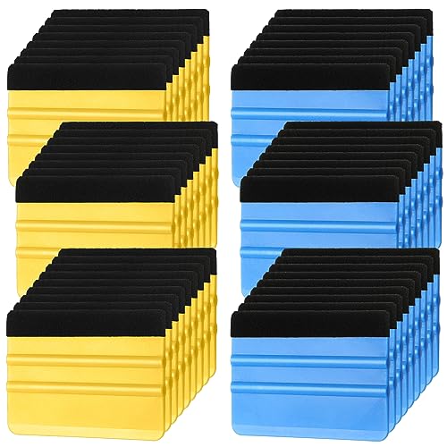 Lasnten 50 Pcs Plastic Vinyl Squeegee 4 Inch Felt Edge Squeegee for Car Window Windshield Glass Cleaning Tool Vinyl Scraper Decal Applicator Tool with Black Fabric Felt Edge, Blue Yellow
