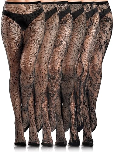 Ramede 6 Pairs Women Lace Tights Patterned Fishnet Thigh High Stockings Waist Bow Goth Leggings Tight Pantyhose for Halloween(Leopard Black)