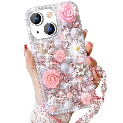 Changjia for iPhone 15 Glitter Bling Case, Cute Luxury 3D Crystal Rhinestone Diamond Sparkle Shiny Gems Flower Pearl with Lanyard Wrist Strap Women Girls Protective Case for iPhone 15 6.1 inch (Pink)