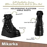 mikarka Holographic Platform Boots for Women, Lace Up Ankle Studded Buckle Goth Stacked Wedge Combat Ankle Booties