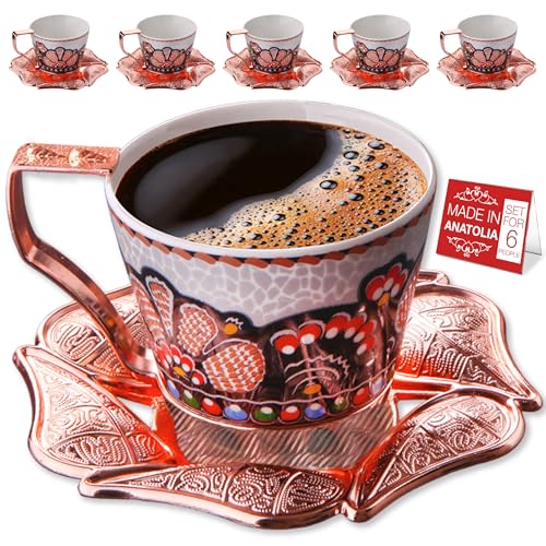 6.7 oz | Turkish Coffee Cup Set of 6, Handmade Leaf Design Saucers and Cup Holders| 18 Pcs Elegant Rosegold Espresso Mugs for Authentic Turkish |Greek, Arabic Coffee Experience | Juegos de Cafe Turcos