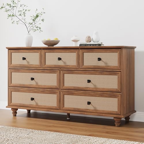 ORRD 7 Drawer Dresser for Bedroom, Mid Century Modern Wide Wood Vintage Chest of Drawers Wooden Storage Organizer Burlap Rattan Drawers for Living Room, Hallway Closet, Entryway, Walnut