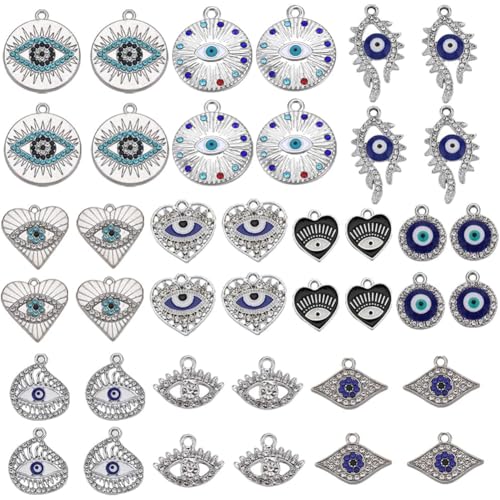 SUNNYCLUE 40PCS 10 STYLES Sliver Evil Eye Charms Bulk Rhinestone Charms Hollow Crystal Cubic Zirconia Shiny Lucky Eyes Heart Love Charm for Jewelry Making Charms Diy Earrings Bracelet Necklace Craft