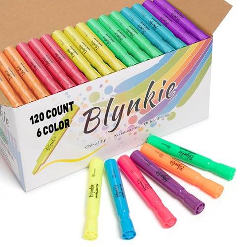 Blynkie Highlighters Bulk 120 Pack of 6 Bright Colors Tank Style Chisel Tip Highlighters Set for Kid and Adult Coloring Highlighting for Classroom Office School Supplies and Shop Short Style.