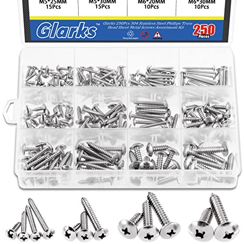 Glarks 250Pcs M3 M4 M5 M6 Metric 304 Stainless Steel Phillips Truss Head Sheet Metal Tek Screws Assortment Kit, 12 Sizes 12-30mm Pan Head Self Tapping Wood Screws Set