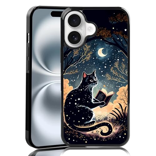 MMYAJT Black Whimsical Cat Phone Case Compatible with iPhone 16 — Moon Cat iPhone Case Shockproof Cute Black Cat Phone Cover Gift for Boy Girl Men Women