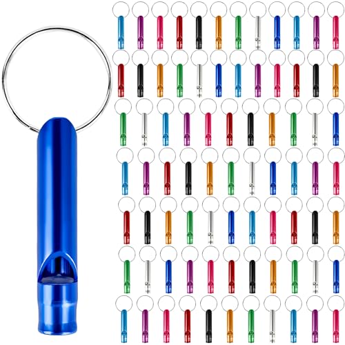 117 Pcs Emergency Whistle with Keychain Aluminum Emergency Survival Whistle Keychain Loud Sound Bulk for Outdoor Sports Camping Hiking Boating Hunting Fishing