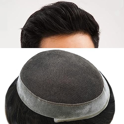 French Lace Mens Toupee Pu Around Human Hair System for Men Breathable Hair Toupee for Men Natural Hairpieces #1B Off Black-120% Density, 7"X10"