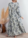 CUPSHE Maxi Dresses for Women V Neck Ruffled Long Sleeve Paisley Smocked Waist A Line Casual Fall Dress Navy Paisley, M