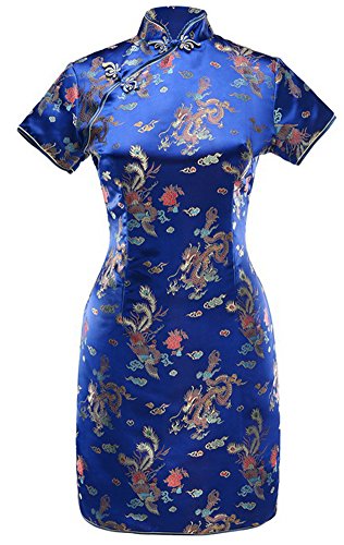 7Fairy Women's VTG Navy Blue Dragon Mini Chinese Prom Dress Cheongsam Size 12 US