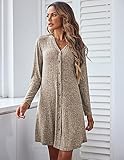 Ekouaer Night Gowns for Adult Women Cozy Winter Pajamas Loungewear Ribbed Knit Sleepwear Button Down Night Shirt Camel