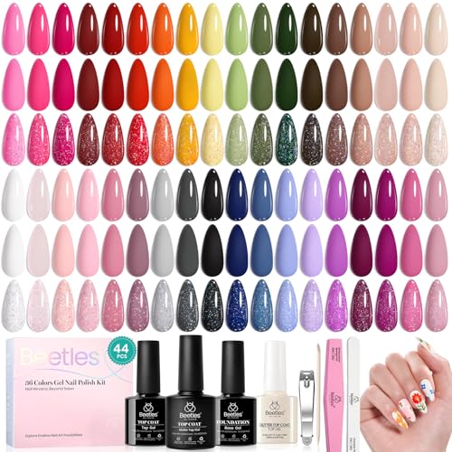beetles Gel Polish 44pcs Gel Nail Polish Set 36 Colors Nude White Hot Pink Red Blue Black Brown with Base Coat Glossy Matte Glitter Top Coat Gifts for Women Colorful Muse