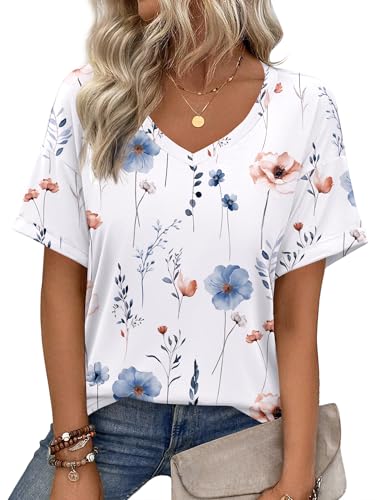 Zeagoo Womens Tops 2025 Fashion V Neck Short Sleeve Floral Blouses Dressy Casual Basic Summer T Shirt White S