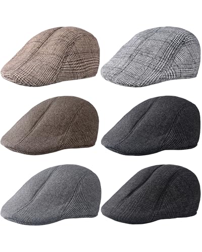 Newcotte 6 Pieces Newsboy Cap for Men Classic Herringbone Tweed Flat Cap Irish Beret Hat for Cabbie Driving Hunting(Vintage,Medium /large)