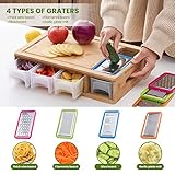 COMELLOW Bamboo Cutting Board with Containers, Lids, and Graters, Large Wood Cutting Board with Containers, Food Dropping Zone, Carving Board with Easy-grip Handle, Juice Groove