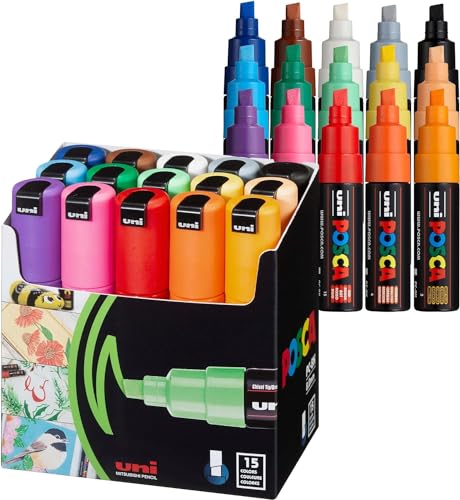 15 Posca Paint Markers, 8K Broad Coloring Markers with Broad Chisel Tips, Set of Acrylic Paint Pens for Art Supplies, Fabric Paint, Fabric Markers, Paint Pen, Art Markers