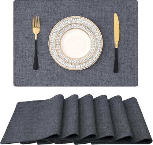 Homaxy Cloths Placemats for Dining Table Set of 6, Heat Resistant Washable Cotton Linen Blend Table Mats, Easy to Clean Place Mats for Indoor Outdoor Party Kitchen Decoration, Charcoal Gray