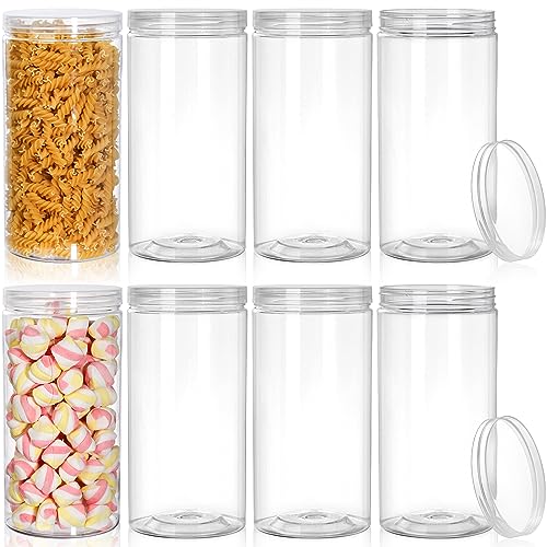 Pumtus 8 Pack Clear Plastic Jars with Lid, 46 OZ Round Candy Storage Jars, Empty Large Mason Jars, Tall PET Canisters Cylinders, Wide Mouth Pantry Container for Dry Food, Spice, Nuts, Noodles