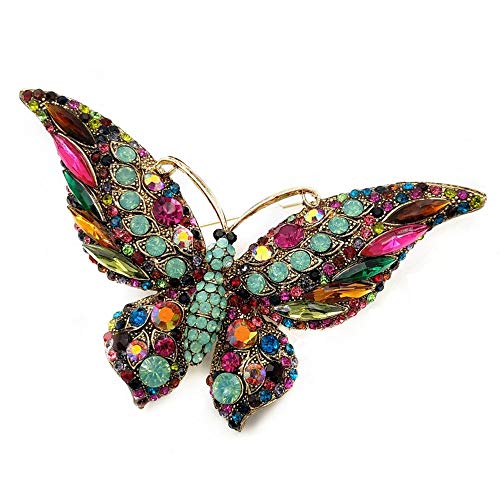 Vintage Turquoise Green Accent Multicolored Crystal Large Butterfly Brooch Statement Pin Insect Jewelry (Turquoise Green)