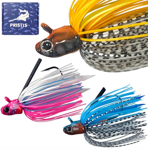 Pristis 3 pcs Swim Jigs with Weed Guard & Silicone Skirt, Durable Weedless Fishing Lures for Freshwater Saltwater, Unique Shape Flipping Skirted Jig Head, Vibrating Swimming Spinner Bait for Bass