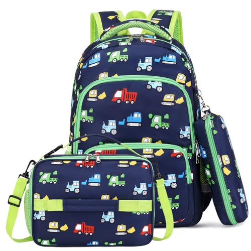 mygreen 3PCS Kids Backpack Set - Waterproof Bookbag with Lunch Box for Boys Ages 3-12, Adorable Cartoon Prints for School & Outdoor Use Blue Green Truck