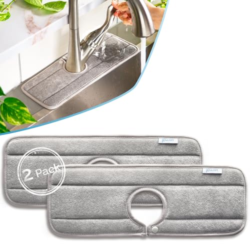 Ternal Sinkmat for Kitchen Faucet, Original Design, Absorbent Microfiber Fabric, Machine Washable Splash Guard & Drip Catcher For Around Faucet Handle [2 Pack] (Gray, Standard 15in)