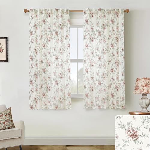 Long Kitchen Curtains Set for Windows Over Sink,Red Floral Sheer Vintage Country Rustic Farmhouse Cortinas para Cocina
