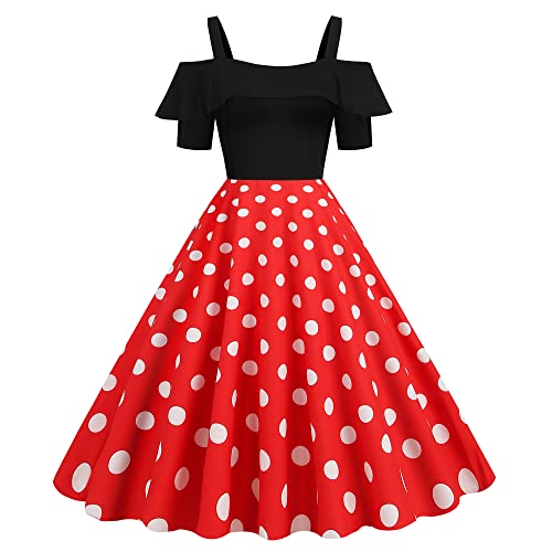 Wellwits Women's Off Shoulder Strap Polka Dots 1950s Vintage Dress Red M