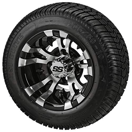 RM Cart - 10" Warlock Black/Machined on 205/50-10 LSI Elite Low Pro Tire (Set of 4), Golf Cart Tires and Wheels Combo, Fits Club Car & EZ-Go carts