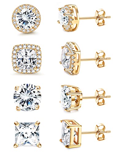 MILACOLATO Cubic Zirconia Stud Earrings Women Men 18K Yellow Gold Hypoallergenic Sterling Silver Post Earrings Brilliant Large Simulated Diamond Halo Stud Earrings for Sensitive Ears