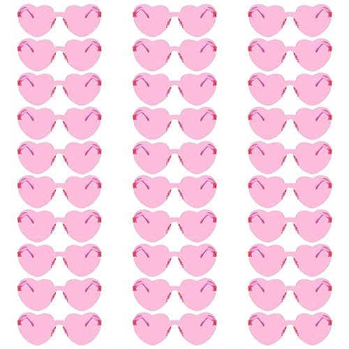 Fengek 30 Pcs Heart Shape Sunglasses Frameless Transparent Glasses Party Favors for Women, Pink