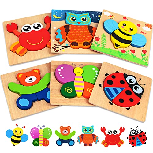 Dreampark Wooden Puzzles for Toddlers Ages 1-3, Montessori Toys for 1 2 3 Years Old Girls Boys Baby Kids Puzzle Learning Educational Christmas Birthday Gifts Toys 6 Pack Animal Jigsaw Puzzle