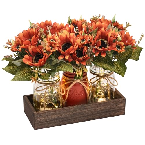 DUOER 3 Pcs Fall Mason Jar Centerpiece Table Decorations for Dining Table Decor Farmhouse Coffee Table Decor with Wood Tray and Led Light Table Centerpieces for Dining Room Kitchen Living,Orange